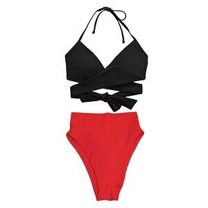American Eagle Aerie Black + Red Wrap Tie High Cut Cheeky Bikini Swimsuit Sz XXS